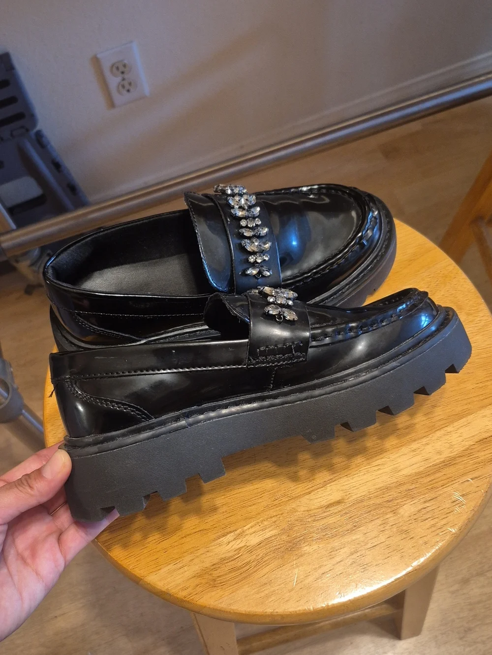 Zara Black Chuncky Platform Loafers Faux Leather & Rhinestones